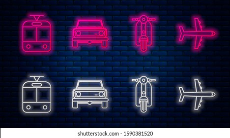 Set line Off road car, Scooter, Tram and railway and Plane. Glowing neon icon on brick wall. Vector