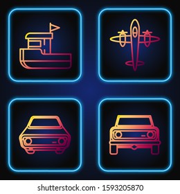 Set line Off road car, Car, Fishing boat and Old retro vintage plane. Gradient color icons. Vector
