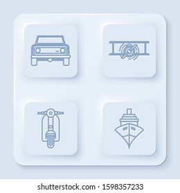Set line Off road car, Old retro vintage plane, Scooter and Cargo ship. White square button. Vector