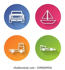 Set line Off road car, Yacht sailboat or sailing ship, Delivery cargo truck vehicle and Formula race car. Color circle button. Vector