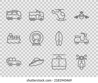 Set line Off road car, Scooter, Helicopter, Speedboat, Bus, Train and railway, Cable and  icon. Vector
