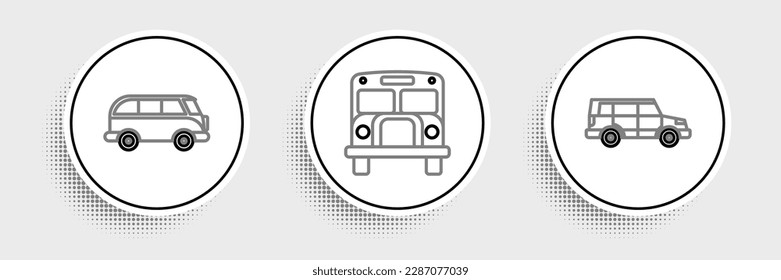 Set line Off road car, Retro minivan and School Bus icon. Vector