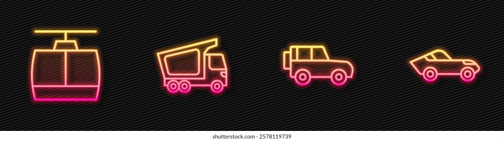 Set line Off road car, Cable, Delivery cargo truck and Car. Glowing neon icon. Vector