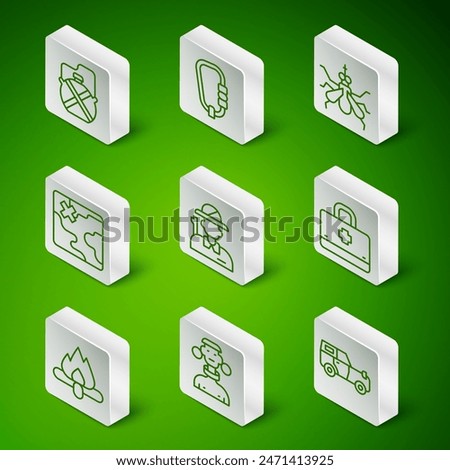 Set line Off road car, African tribe male, Canteen water bottle, Hunter, safari map, Carabiner, Campfire and First aid kit icon. Vector