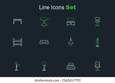 Set line Office chair, Big bed, Floor lamp, Coat stand, Lamp hanging, Sofa and Bunk icon. Vector