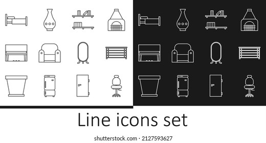 Set line Office chair, Chest of drawers, Shelf with books, Armchair, Grand piano, Bed, Big full length mirror and Vase icon. Vector