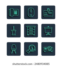 Set line Office chair, Clock, Movie, film, media projector, Identification badge, Drawer with documents, Push pin, Telephone and Chalkboard diagram icon. Vector