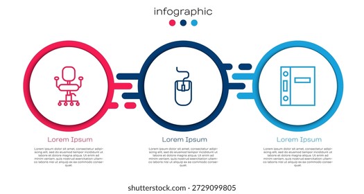 Silla de oficina de línea, ratón de computadora y carpetas. Plantilla de infografía de negocios. Vector