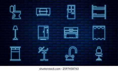 Set line Office chair, Curtains, Closed door, Shower cabin, Floor lamp, Toilet bowl, Grand piano and TV table stand icon. Vector