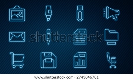 Set line Office chair, Document folder, USB flash drive, Pencil, Mail and e-mail, Picture landscape, File document and Marker pen icon. Vector
