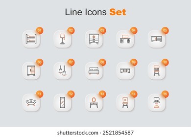 Set line Office chair, Chair, Dressing table, Big full length mirror, Sofa, TV stand and bed icon. Vector