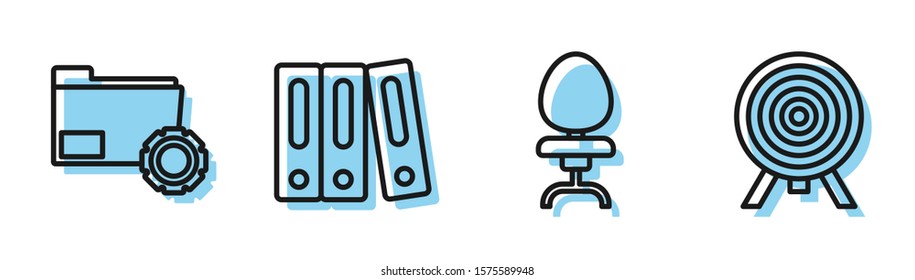 Set line Office chair, Folder settings with gears, Office folders with papers and documents and Target icon. Vector