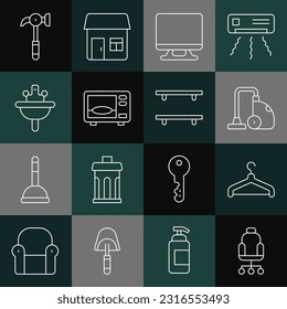 Set line Office chair, Hanger wardrobe, Vacuum cleaner, Smart Tv, Microwave oven, Washbasin, Hammer and Empty wooden shelves icon. Vector