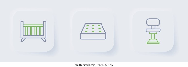 Set line Office chair, Mattress and Baby crib cradle bed icon. Vector