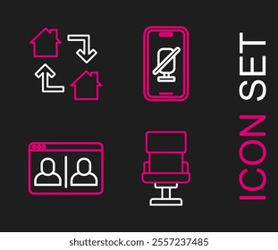 Set line Office chair, Video chat conference, Mute microphone mobile and Online working icon. Vector