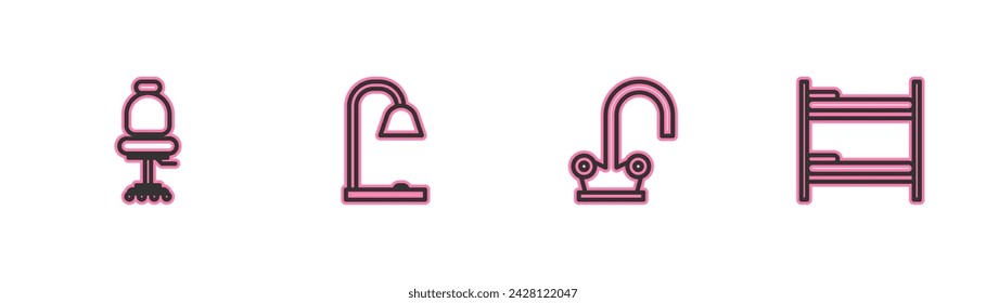Set line Office chair, Water tap, Table lamp and Bunk bed icon. Vector