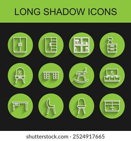 Set line Office desk, Armchair, Wardrobe, Chair, Furniture nightstand, TV table and  icon. Vector