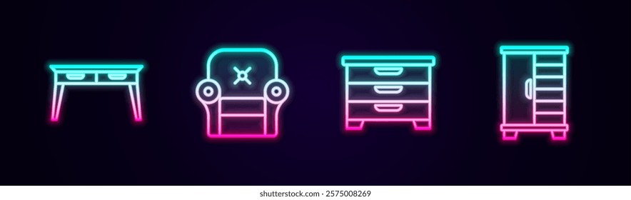 Set line Office desk, Armchair, Chest of drawers and Wardrobe. Glowing neon icon. Vector