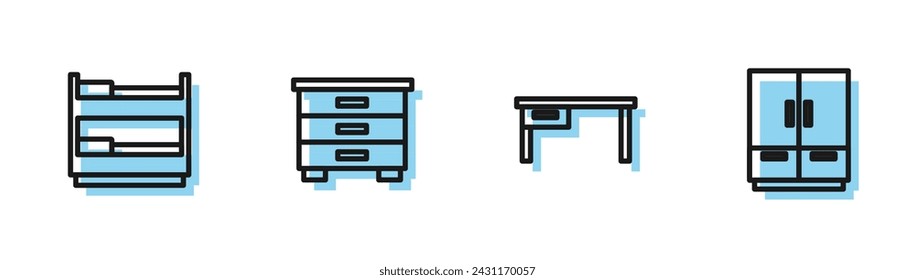 Set line Office desk, Bunk bed, Furniture nightstand and Wardrobe icon. Vector