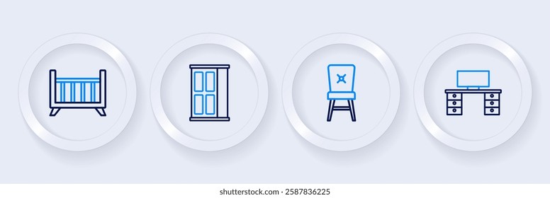 Set line Office desk, Chair, Wardrobe and Baby crib cradle bed icon. Vector