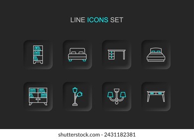 Set line Office desk, Chandelier, Floor lamp, Library bookshelf, Big bed,  and Lamp hanging icon. Vector