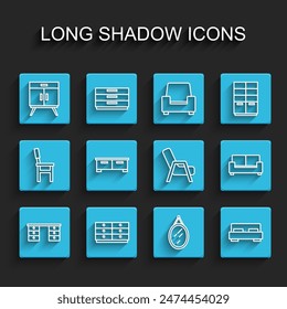Set line Office desk, Chest of drawers, Mirror, Big bed, Sofa and Armchair icon. Vector