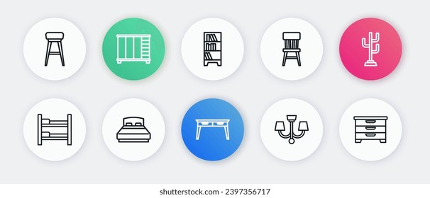 Set line Office desk, Coat stand, Bunk bed, Chandelier, Chair, Library bookshelf, Chest of drawers and Big icon. Vector