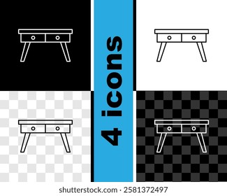 Set line Office desk icon isolated on black and white, transparent background.  Vector
