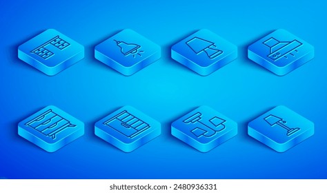 Set line Office desk, Lamp hanging, Table lamp, Wardrobe, Chandelier, Kitchen extractor fan, Furniture nightstand and Floor icon. Vector