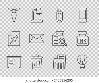 Set-Line Office-Schreibtisch, Glühbirne, USB-Flash-Laufwerk, Mülleimer, Tie, Mail und E-Mail, Papier-Shredder und Inkwell-Symbol. Vektorgrafik