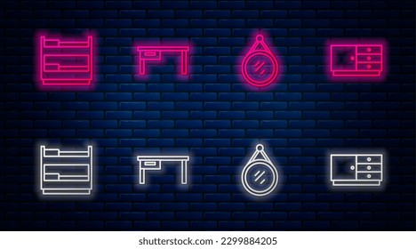 Set line Office desk, Mirror, Bunk bed and Chest of drawers. Glowing neon icon on brick wall. Vector