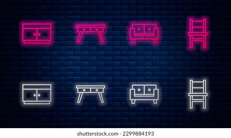 Set line Office desk, Sofa, Chest drawers and Chair. Glowing neon icon on brick wall. Vector
