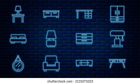 Set line Office desk, Table lamp, Big bed, on table, Chest of drawers and icon. Vector