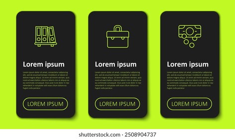 Defina a linha Pastas do escritório, Porta-arquivos e Pilhas em dinheiro. Modelo de infográfico comercial. Vetor