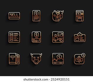 Set line Office folders, Bull market, Sell button, Website with growth graph, Mobile stock trading, Financial book, Identification badge and Trading courses icon. Vector
