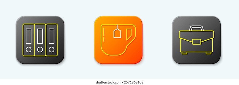 Set line Office folders, Cup of tea with tea bag and Briefcase icon. Vector