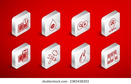 Set line Office folders, Dirty water drop, Question and Answer, Location service, Clean, Interesting facts, Crossed hammer wrench and Smartphone book icon. Vector