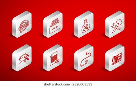 Set line Office folders, Drawer with documents, Bioengineering service, Crossed hammer and wrench, Route location, Headphones speech bubble chat, File and Car icon. Vector