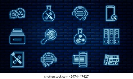 Set line Office folders, Headphones with speech bubble chat, Microorganisms under magnifier, Drawer documents, Question and Answer, Test tube virus and Bioengineering service icon. Vector
