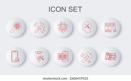Set line Office folders, Mobile service, Bacteria, Crossed hammer and wrench, Microorganisms under magnifier, Scooter and Smartphone book icon. Vector