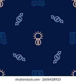 Set line Office folders, Money exchange and Light bulb with dollar on seamless pattern. Vector
