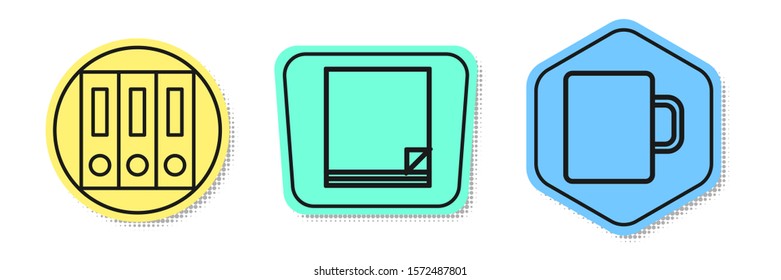 Set line Office folders with papers and documents, File document and Coffee cup. Colored shapes. Vector