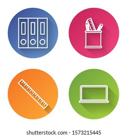 Set line Office folders with papers and documents, Pencil case stationery, Ruler and Laptop. Color circle button. Vector