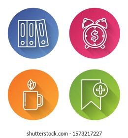 Set line Office folders with papers and documents, Alarm clock with dollar symbol, Cup of tea and leaf and Bookmark. Color circle button. Vector