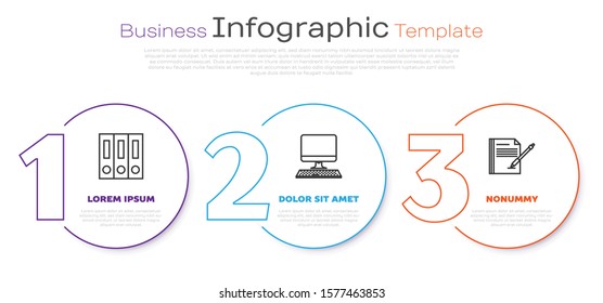 Set line Office folders with papers and documents, Computer monitor with keyboard and Blank notebook and pen. Business infographic template. Vector