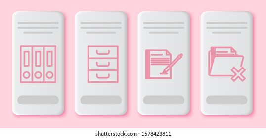 Set line Office folders with papers and documents, Drawer with documents, Blank notebook and pen and Delete folder. White rectangle button. Vector