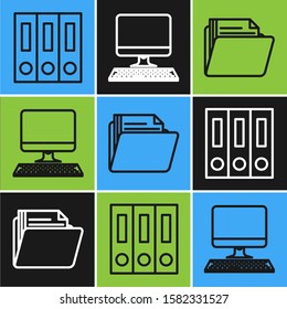 Set line Office folders with papers and documents, Document folder and Computer monitor with keyboard icon. Vector