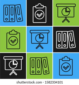 Set line Office folders with papers and documents, Presentation financial board with graph, schedule, chart, diagram, infographic, pie graph and Completed task icon. Vector