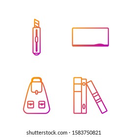 Set line Office folders with papers and documents, School backpack, Stationery knife and Chalkboard. Gradient color icons. Vector