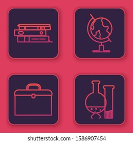Set line Office folders with papers and documents, Briefcase, Earth globe and Test tube and flask chemical laboratory test. Blue square button. Vector